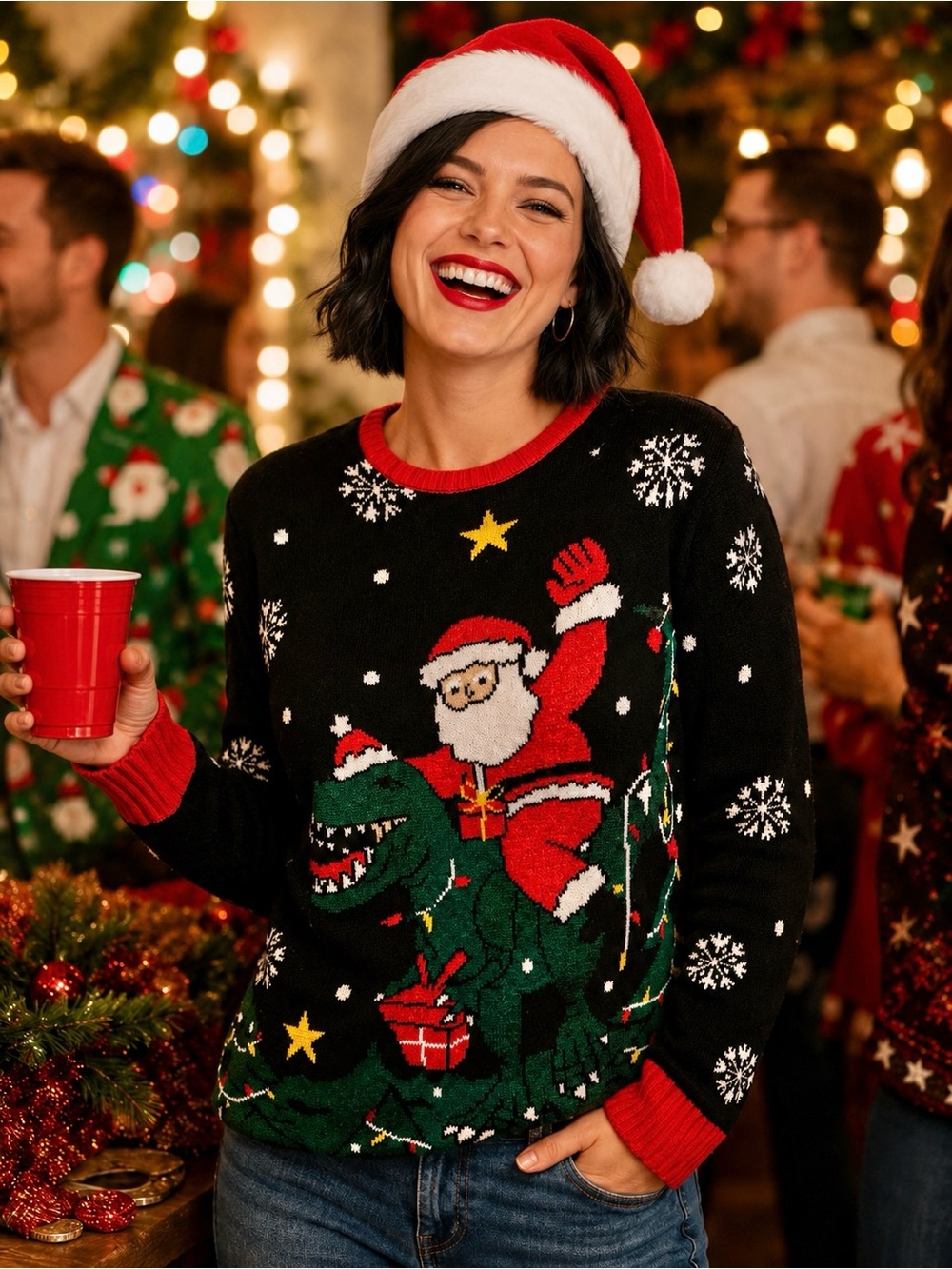 Tacky Ugly Red Christmas Sweater Santa Riding T-Rex Women’s Sz XL